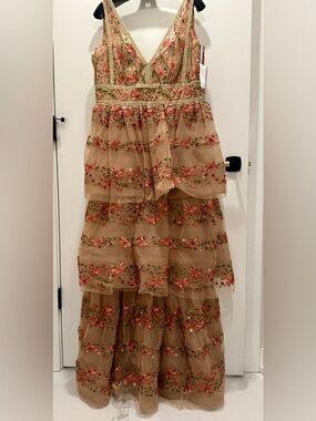 Floral Embroidered Tiered V-Neck Dress - Gold with Pink Accents. Size 14. NWT